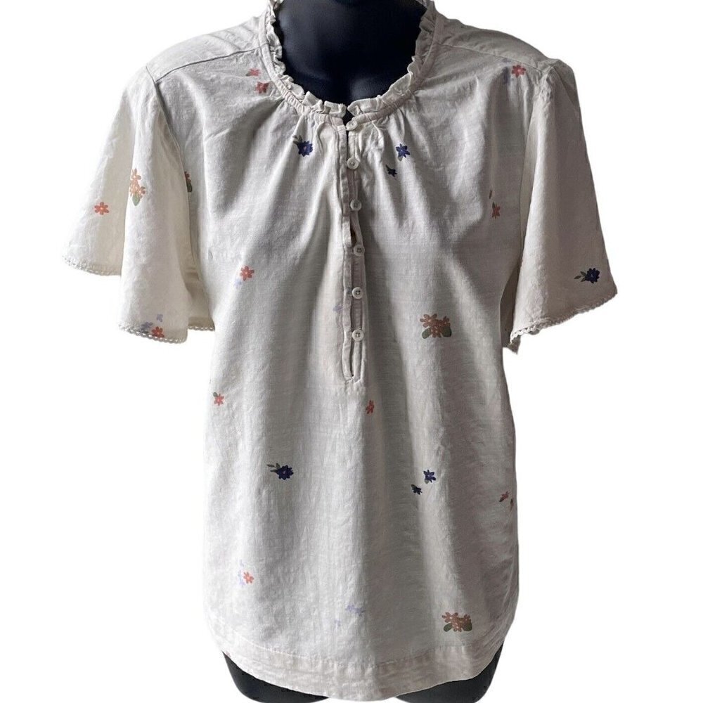 Floral Bell Short Sleeve Trim 1/2 Button Up Ivory Top Ruffle Neck Women’s L